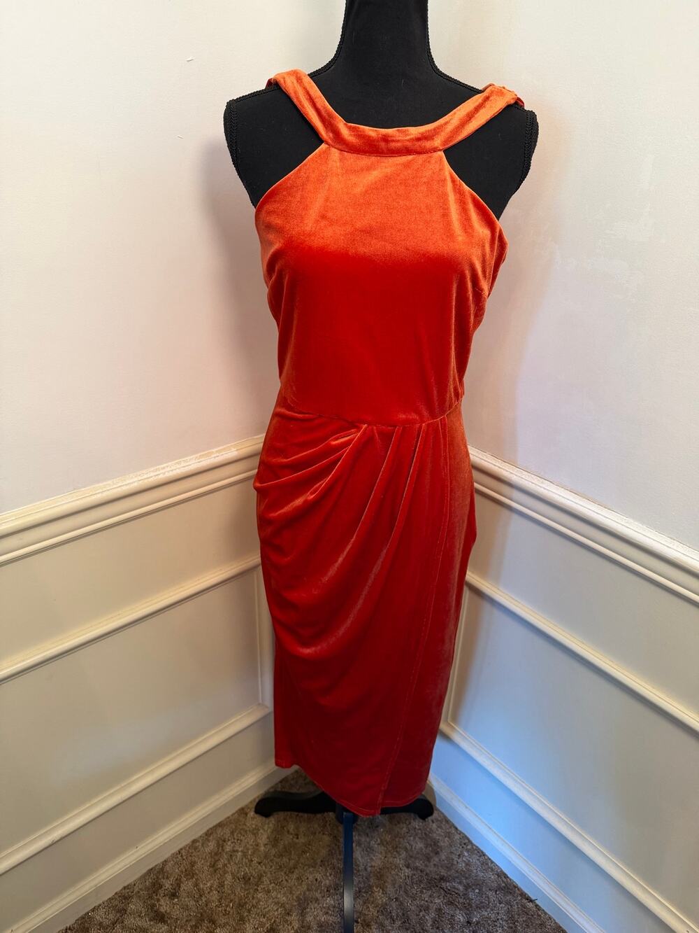 NWT Grace Karin Halter Neck Velvet Midi Dress Burnt Orange Draped Holiday Chic